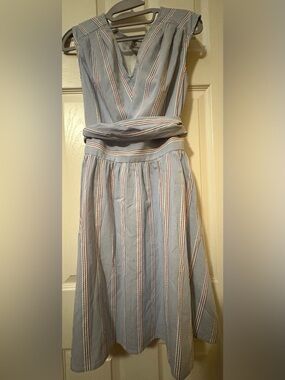 Vineyard Vines Nicholls Stripe Seersucker Tie-Waist Mini Dress in Bimini Blue.